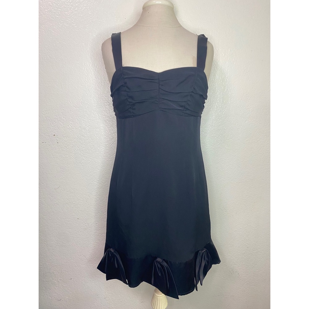 Vintage Nanette Lepore Black Ruched Sweetheart Bow Hem Mini Dress 8 LBD Cocktail